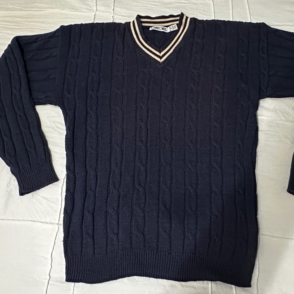 Cherokee Navy and Cream Men’s V-neck Knit Sweater size medium